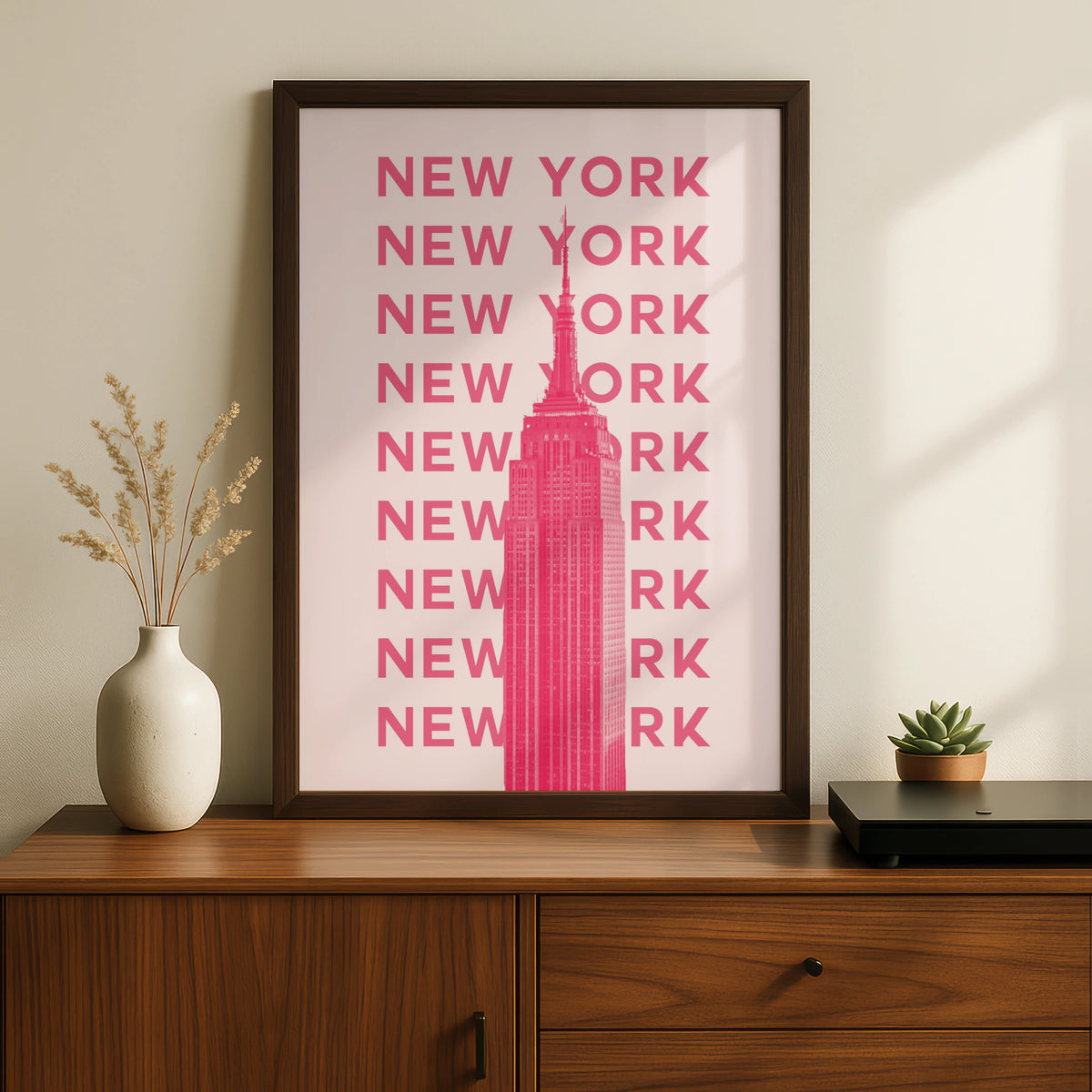New York City Travel Poster, Pink Empire State Building Wall Art, NYC Print