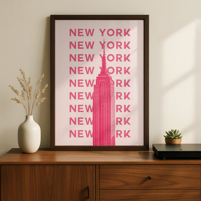 New York City Travel Poster, Pink Empire State Building Wall Art, NYC Print