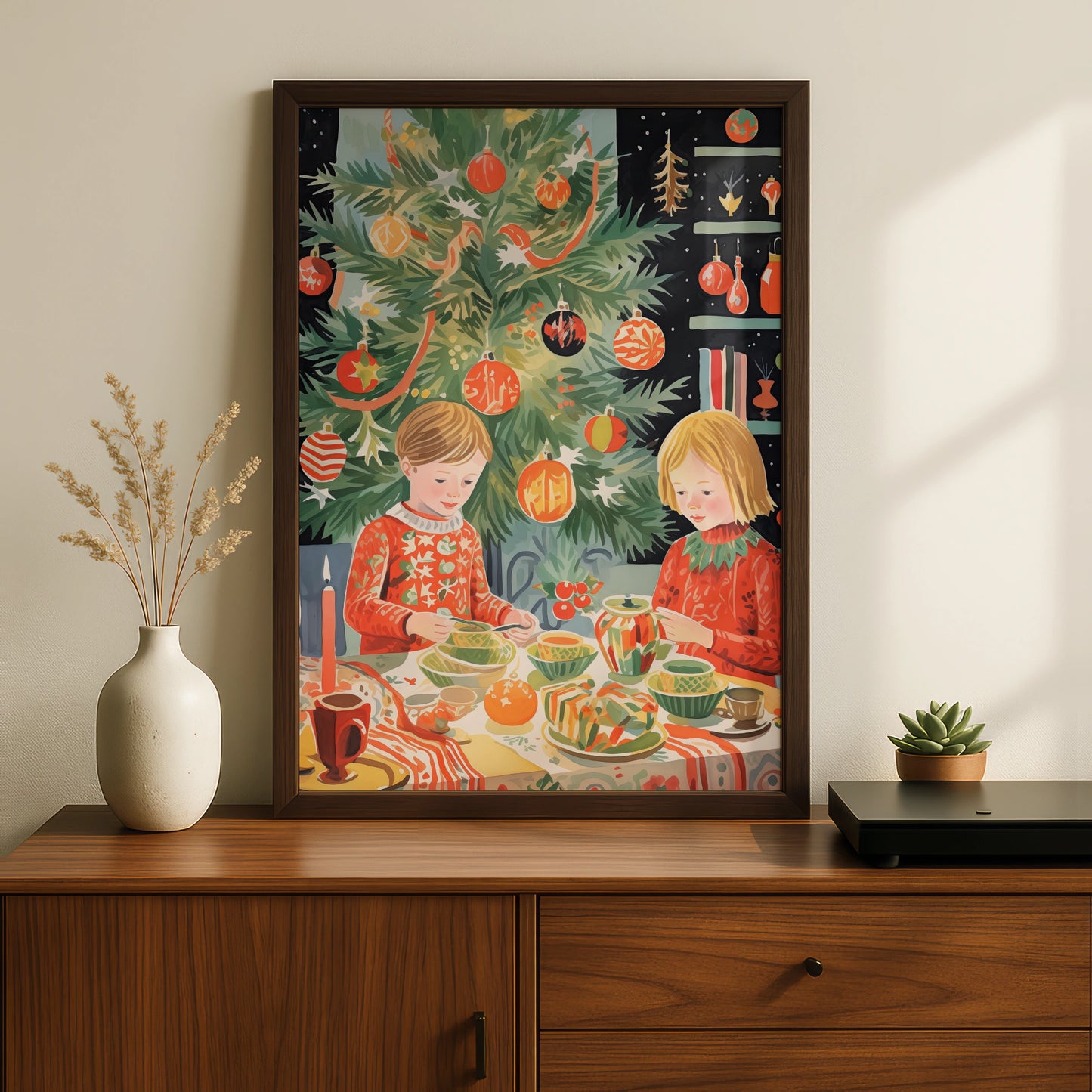 Christmas Dinner Poster, Festive Children Holiday Wall Art, Retro Xmas Tree Print, Kids Room Decor