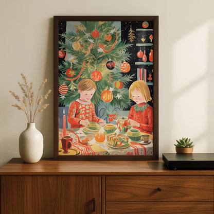 Christmas Dinner Poster, Festive Children Holiday Wall Art, Retro Xmas Tree Print, Kids Room Decor