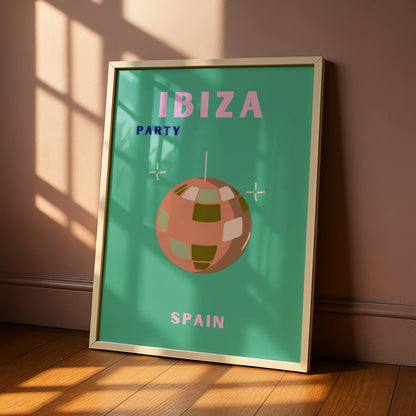 Ibiza Party Travel Poster, Spain Wall Art, Retro Disco Ball Print, Colourful Holiday Poster