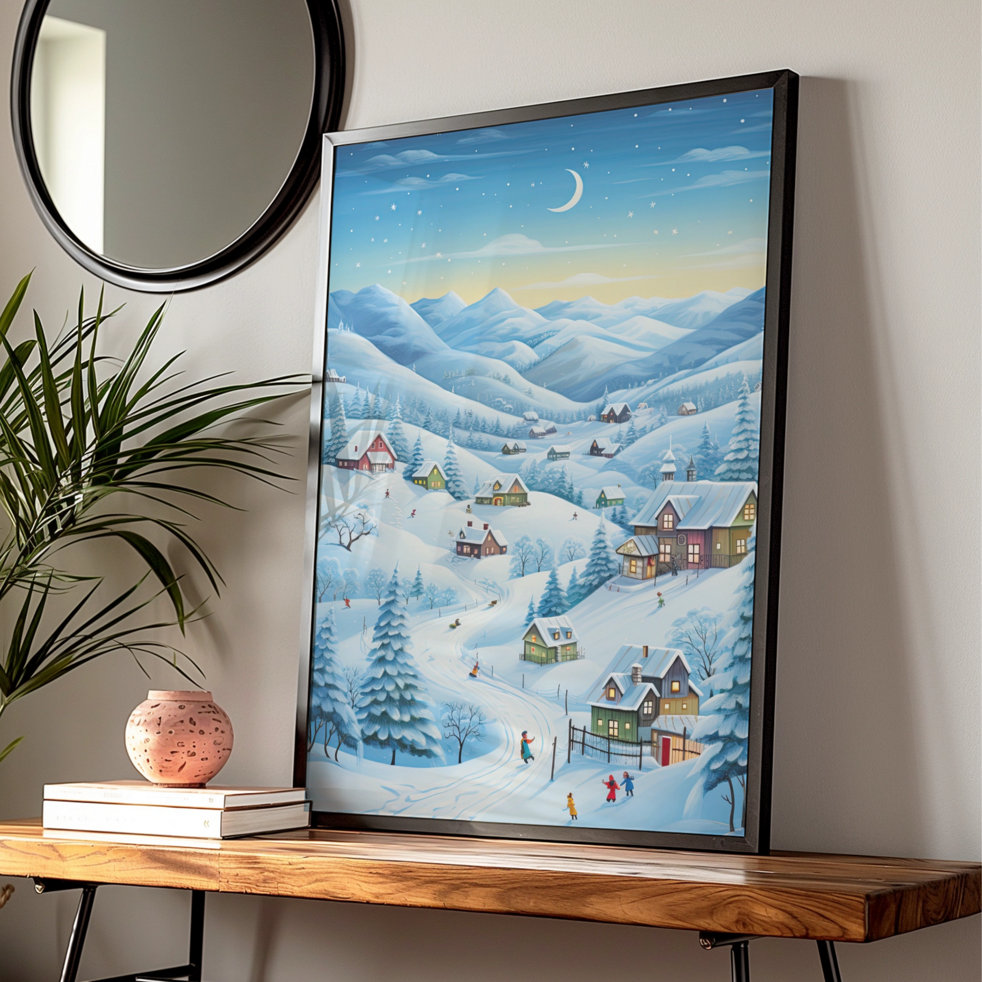 Christmas Village Winter Scene Poster, Snowy Landscape Wall Art, Festive Holiday Print