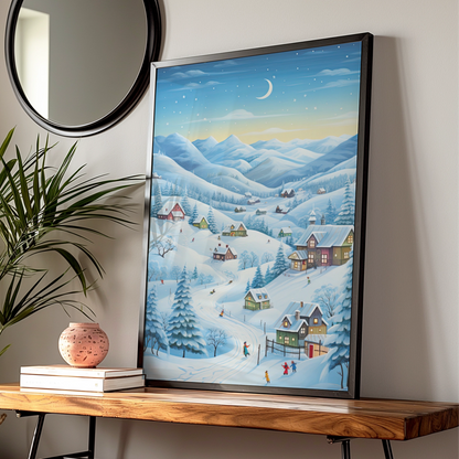Christmas Village Winter Scene Poster, Snowy Landscape Wall Art, Festive Holiday Print
