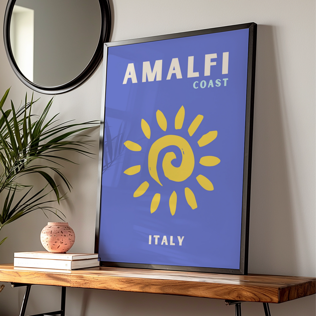 Amalfi Coast Italy Travel Poster, Retro Sun Wall Art, Italian Coastal Print