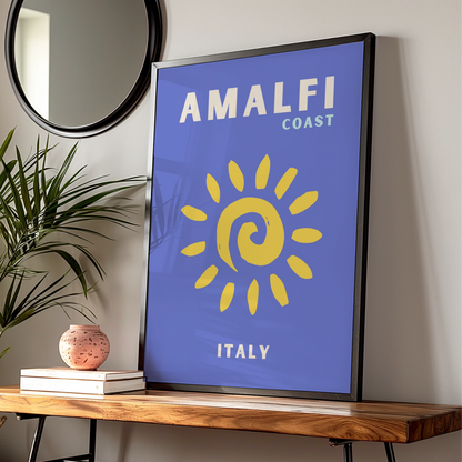 Amalfi Coast Italy Travel Poster, Retro Sun Wall Art, Italian Coastal Print