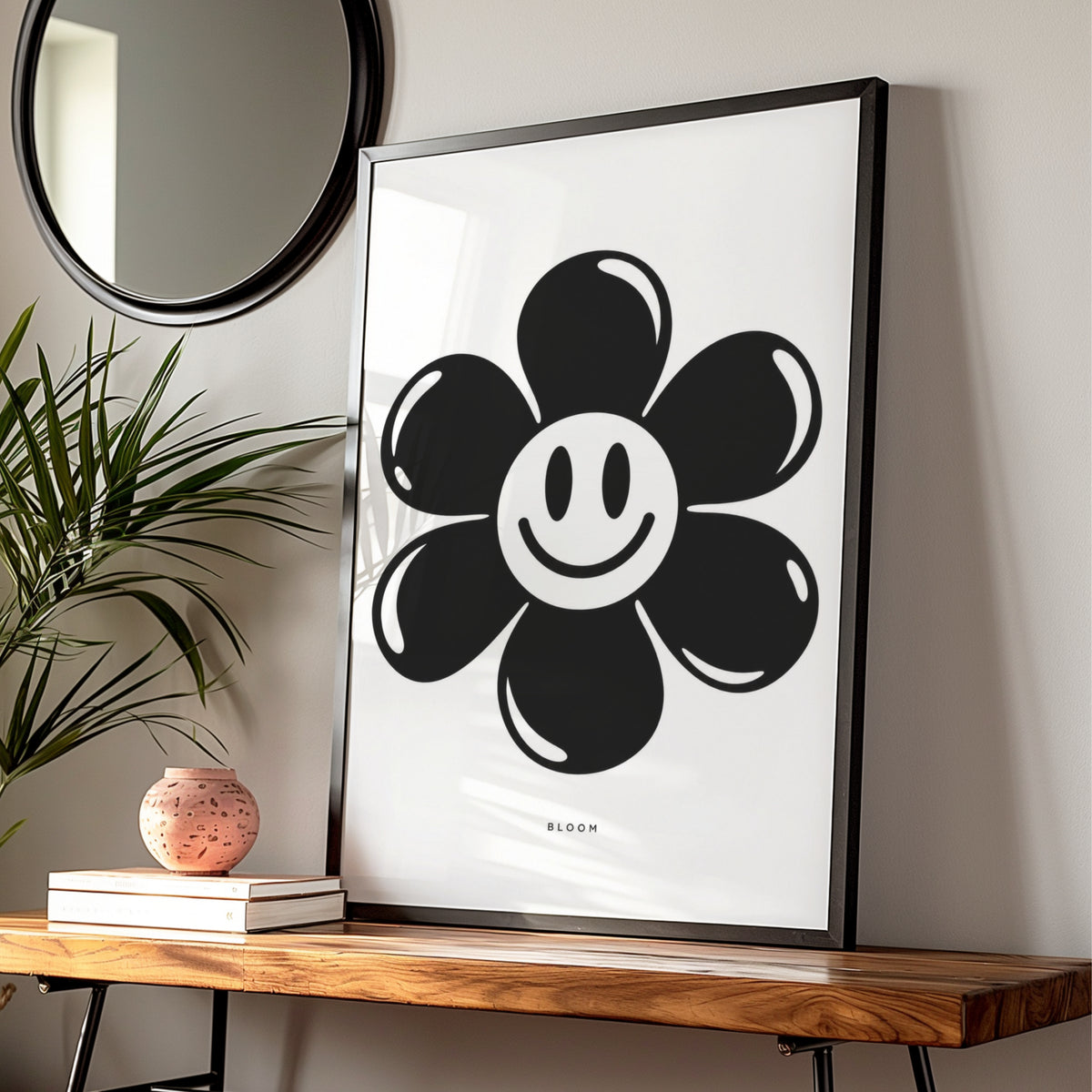 Bloom Smiley Flower Print, Monochrome Wall Art, Black and White Retro Floral Poster