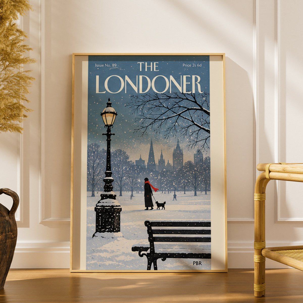 Snowy London Park Poster, Winter Wall Art, Vintage Magazine Cover Print, Lamppost Dog Walker Art