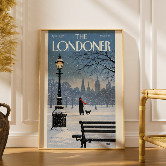 Snowy London Park Poster, Winter Wall Art, Vintage Magazine Cover Print, Lamppost Dog Walker Art
