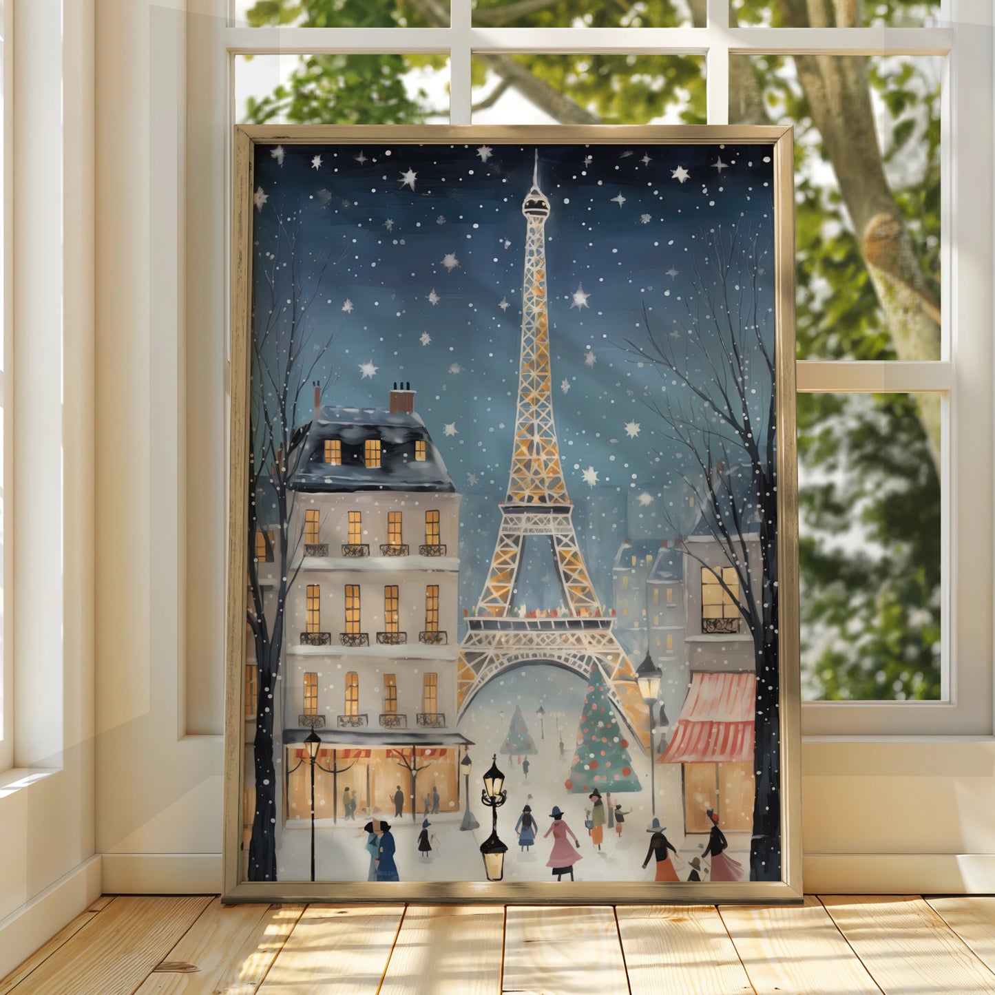 Paris Christmas Poster, Eiffel Tower Winter Snow Wall Art, Festive French Holiday Print