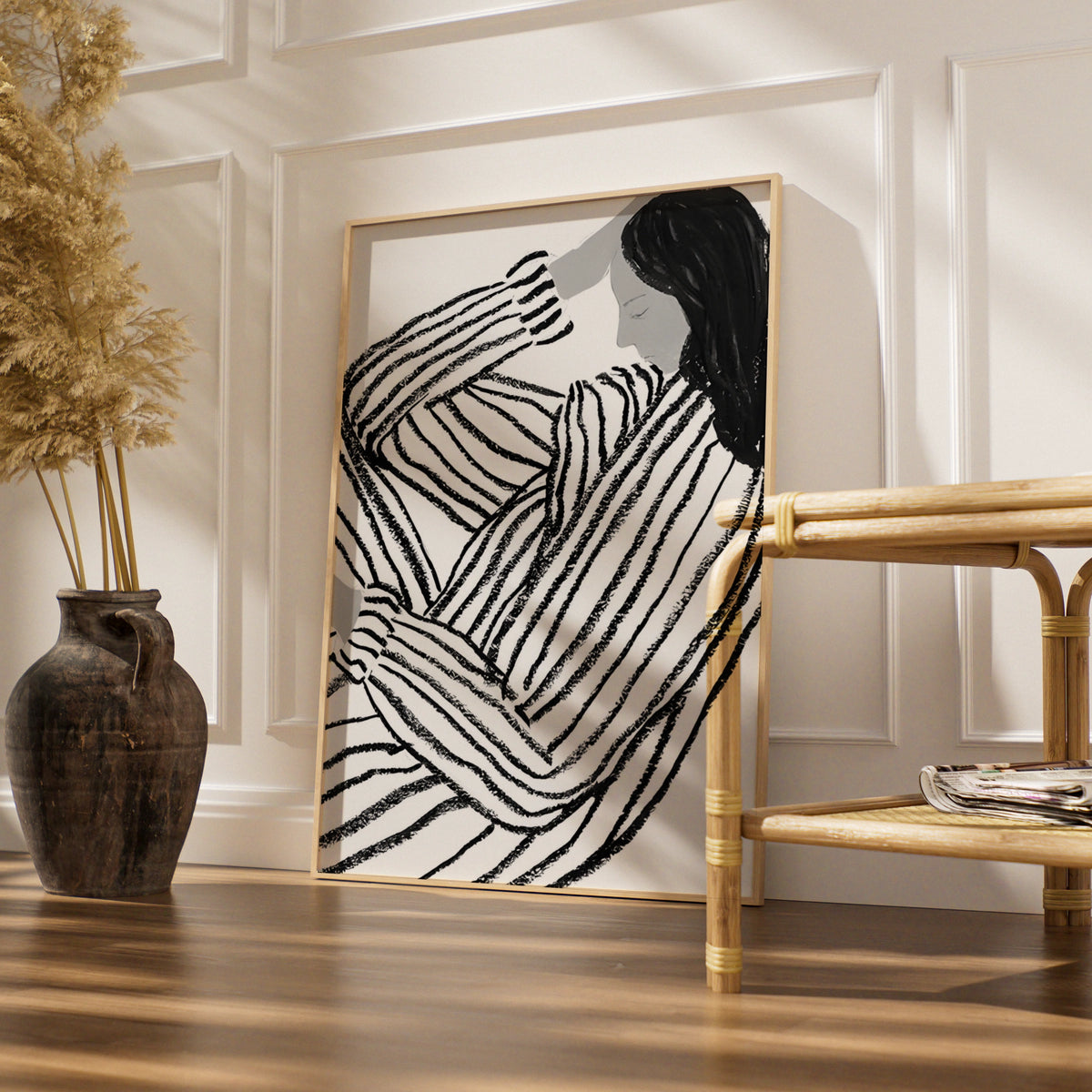 Striped Figure Woman Monochrome Wall Art, Black and White Poster, Minimalist Print