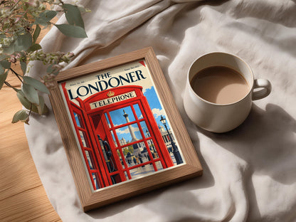London Red Telephone Box Poster, Trafalgar Square Wall Art, Vintage Magazine Cover Art Print