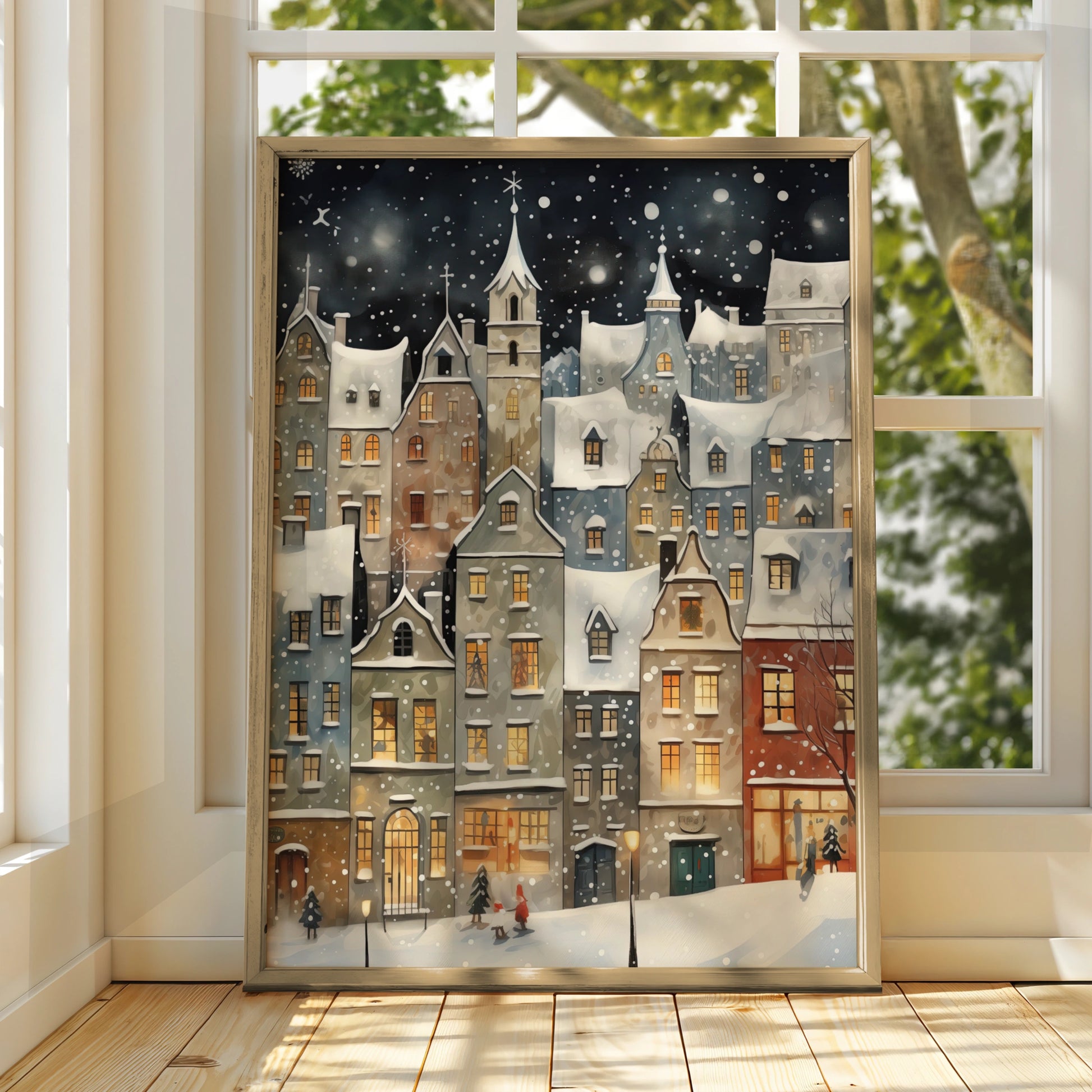 Christmas Village Poster, Snowy Winter Town Wall Art, Festive Holiday Night Scene Print