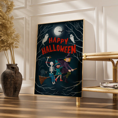 Happy Halloween Poster, Witch Skeleton Ghost Wall Art, Spooky Fun Halloween Print