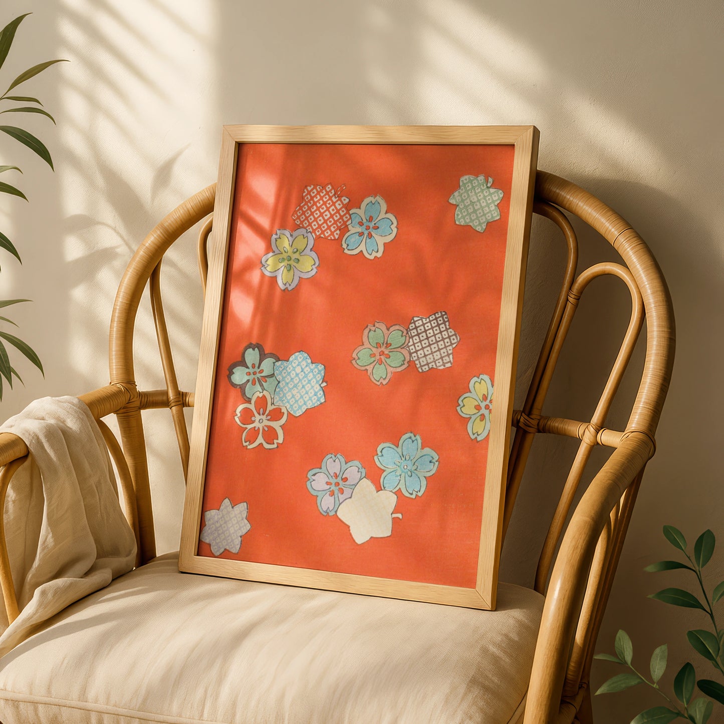 Vintage Japanese Sakura Floral Print, Orange Woodblock Wall Art, Japandi Poster – A5 White frame