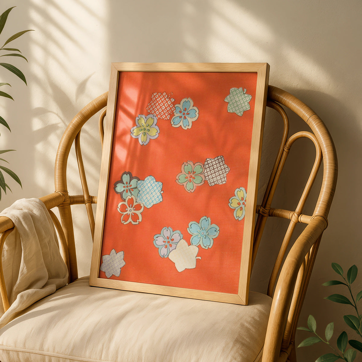 Vintage Japanese Sakura Floral Print, Orange Woodblock Wall Art, Japandi Poster – A5 White frame