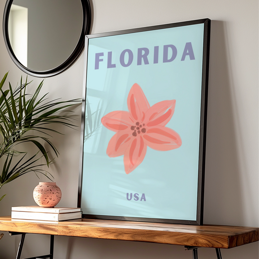 Florida Travel Poster, USA Wall Art, Retro Floral Print, Pastel Blue Pink Vintage America Decor — Digital Download
