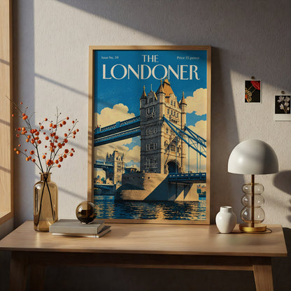 Tower Bridge London Poster, Vintage Magazine Cover Wall Art, Blue Cityscape Art Print, Living Room
