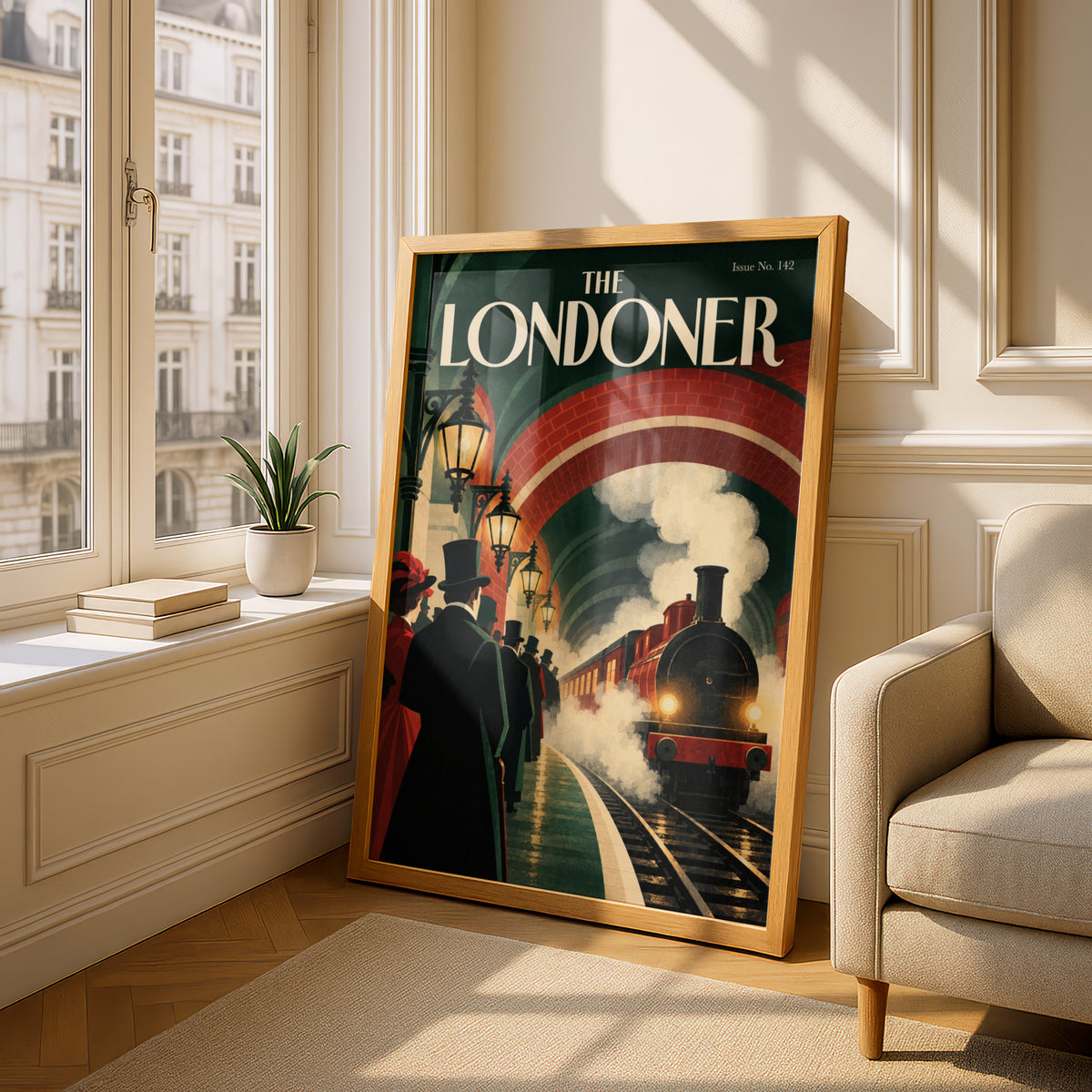 Vintage London Steam Train Poster, Victorian Railway Station Wall Art, Retro Travel Art Print