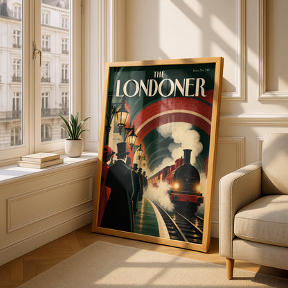 Vintage London Steam Train Poster, Victorian Railway Station Wall Art, Retro Travel Art Print