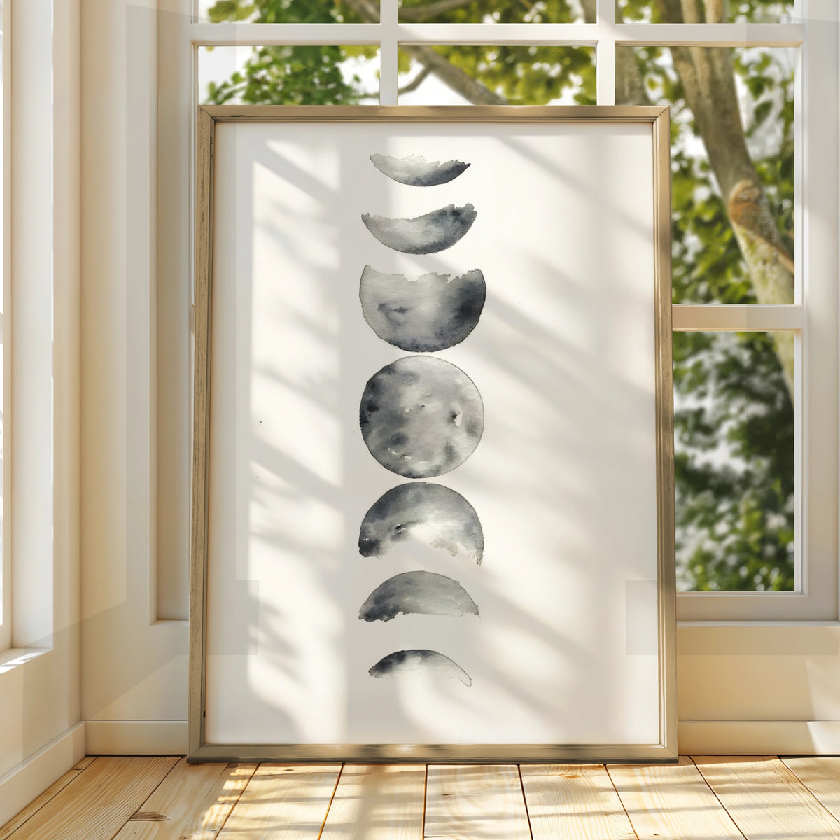 Moon Phases Watercolour Print, Monochrome Wall Art, Minimalist Lunar Poster, Modern Grey Decor