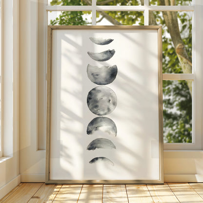 Moon Phases Watercolour Print, Monochrome Wall Art, Minimalist Lunar Poster, Modern Grey Decor