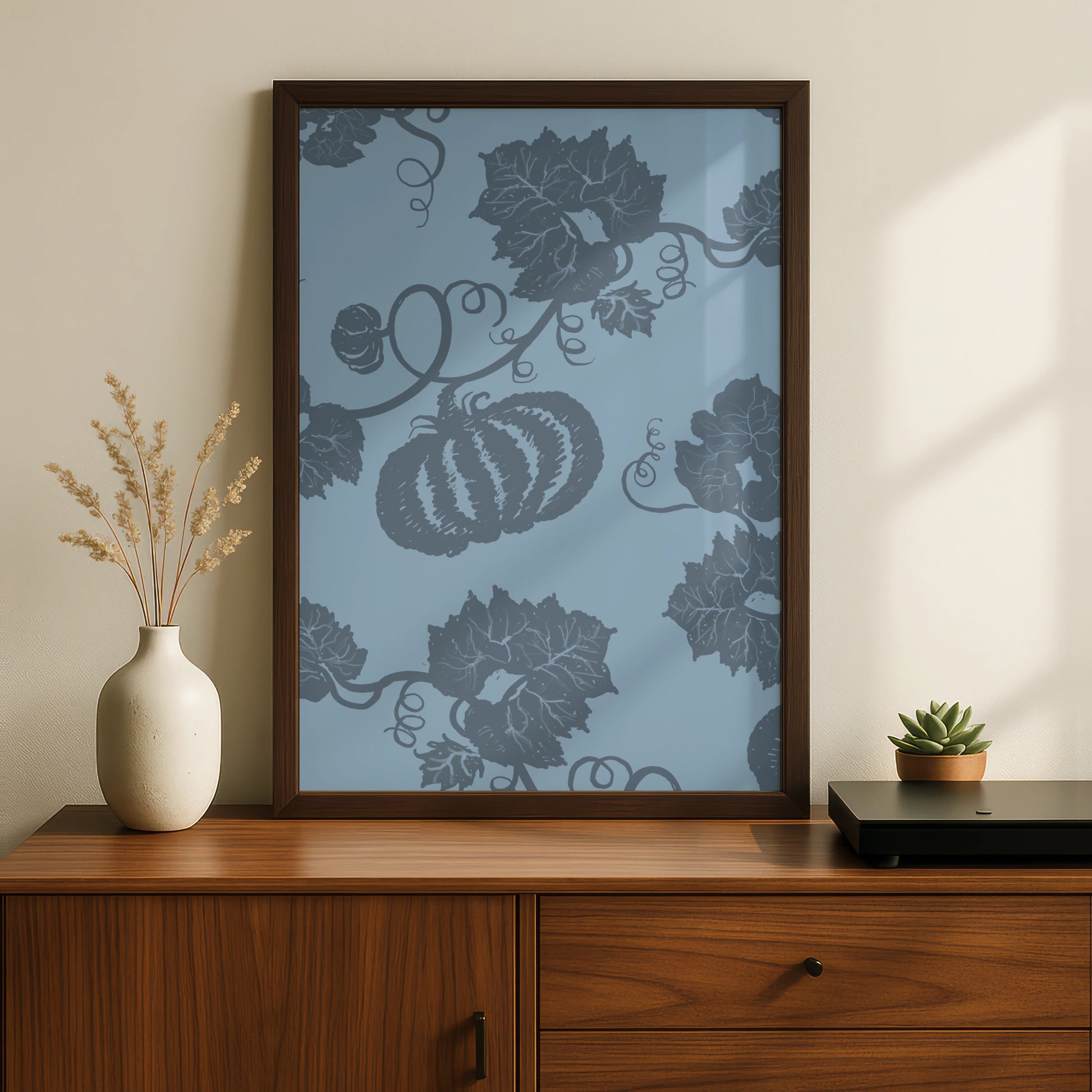 Halloween Pumpkin Vine Wall Art, Blue Grey Botanical Poster, Spooky Autumn Decor Print