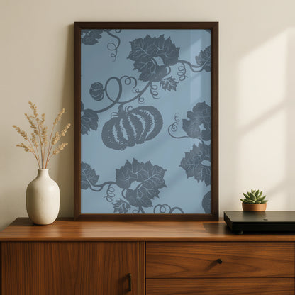 Halloween Pumpkin Vine Wall Art, Blue Grey Botanical Poster, Spooky Autumn Decor Print