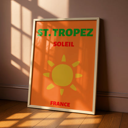 St Tropez Travel Poster, France Wall Art, Retro Sun Print, French Riviera Decor