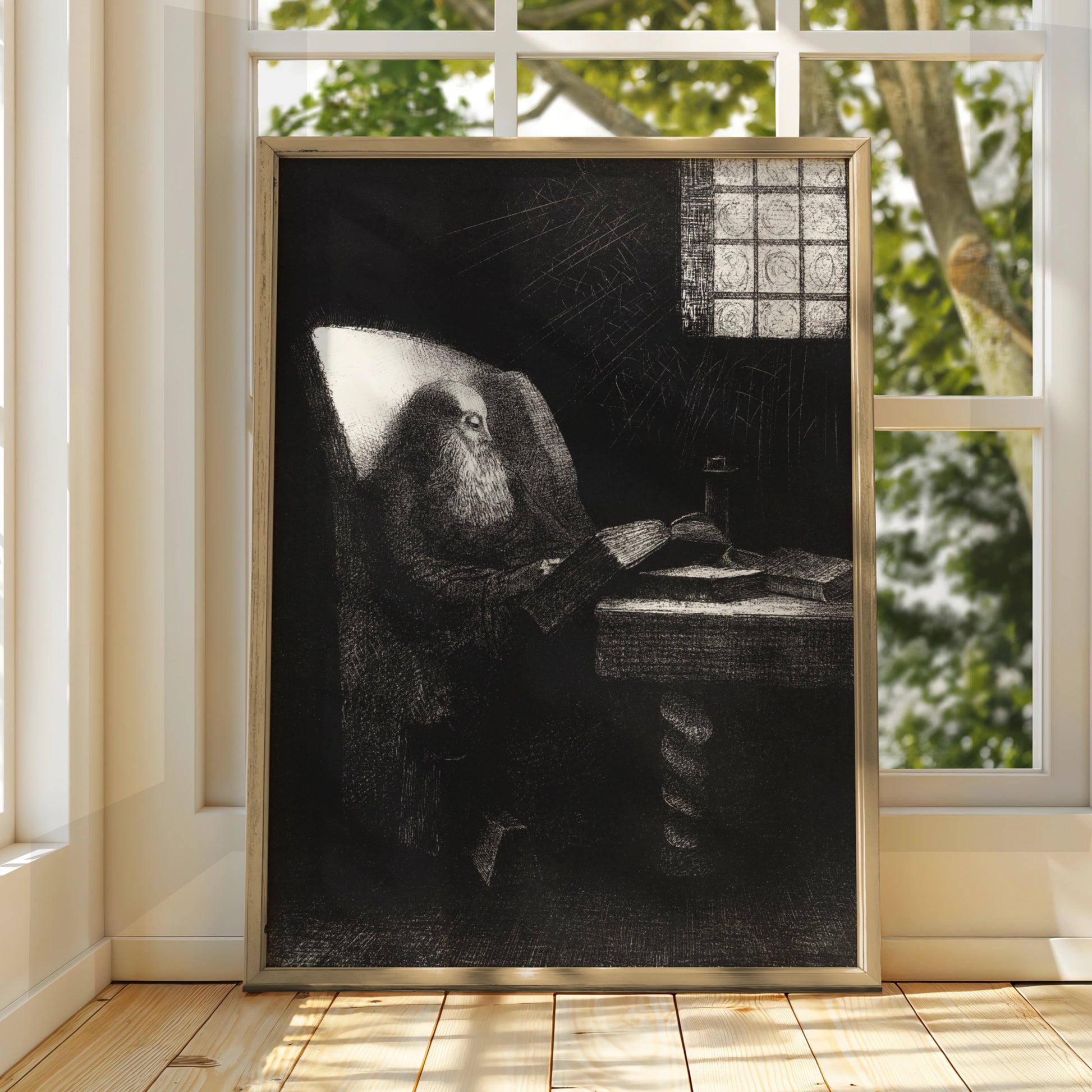 Dark Gothic Halloween Art Print, Mysterious Old Wizard Reading Spellbook Poster