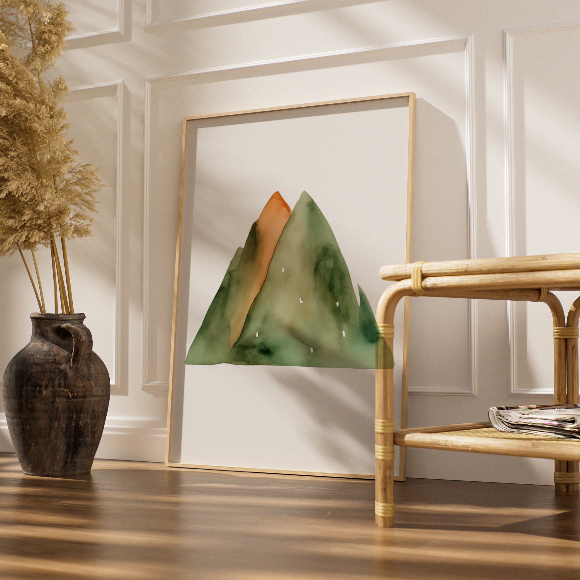 Watercolour Mountain Nursery Wall Art, Green Orange Nature Print, Kids Room Poster