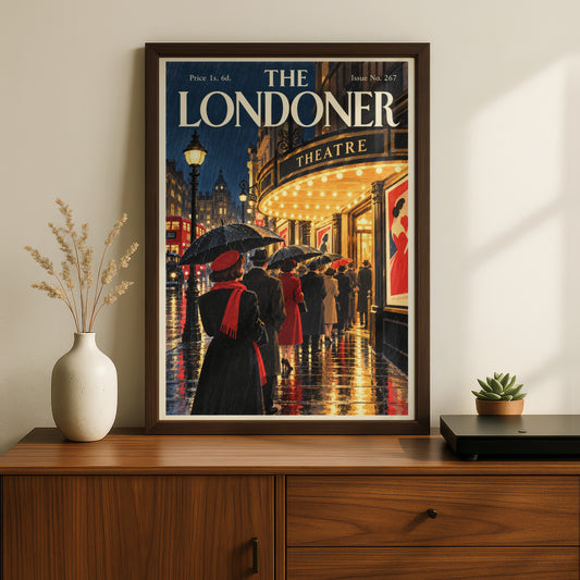 Vintage London Theatre Poster, Rainy Night Wall Art, Retro Magazine Cover Art Print, Red Black Decor