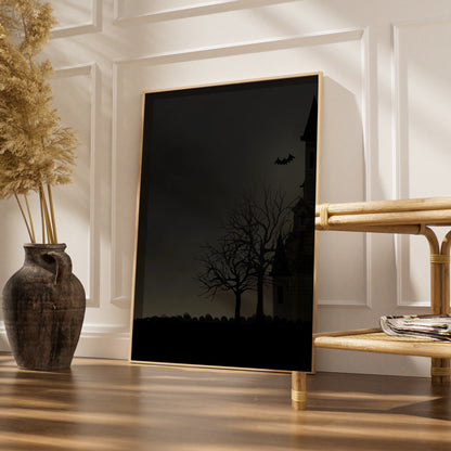 Halloween Haunted House Poster, Full Moon Bats Spooky Wall Art, Dark Gothic Print