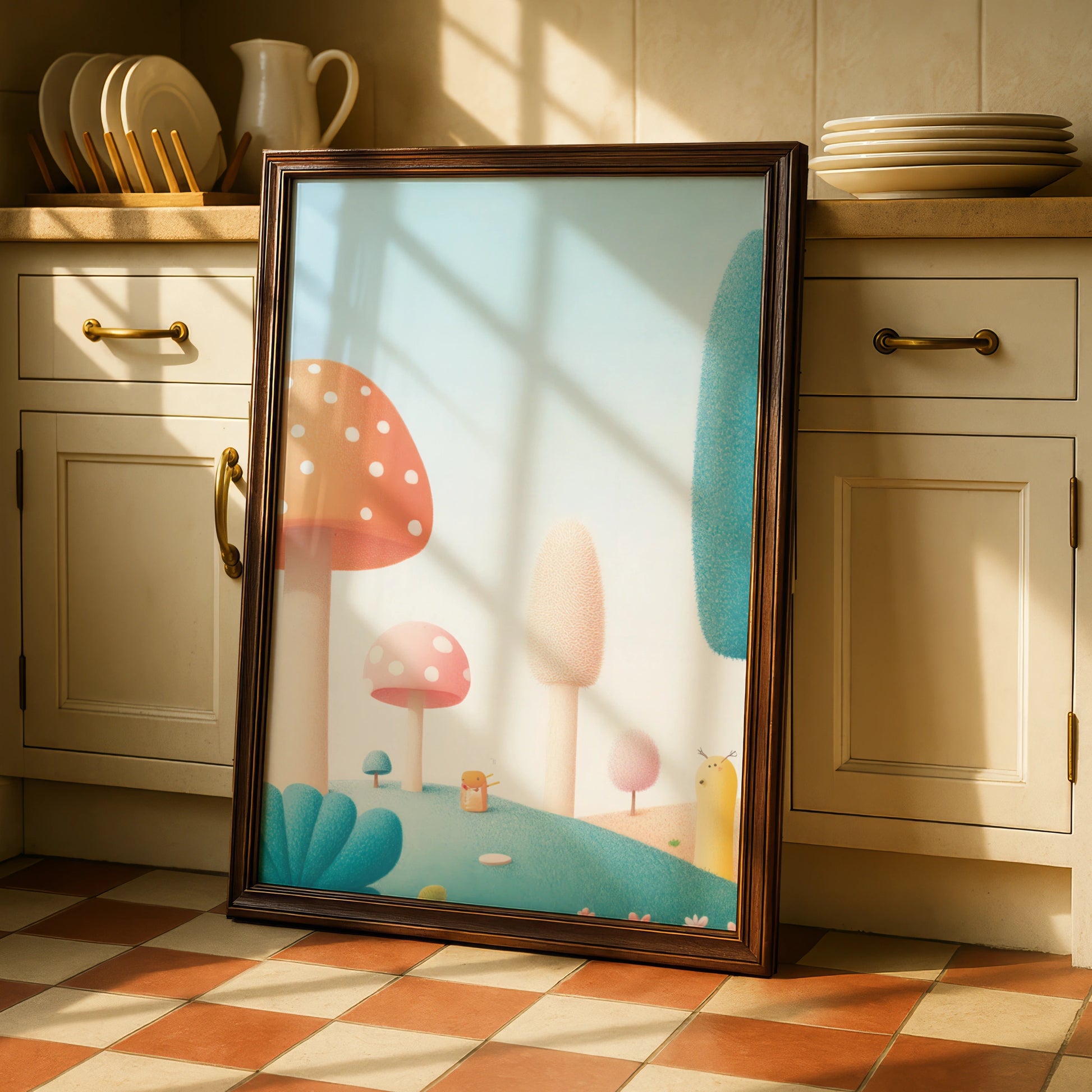 Mushroom Nursery Wall Art, Whimsical Forest Print, Pastel Kids Room Poster, Baby Decor