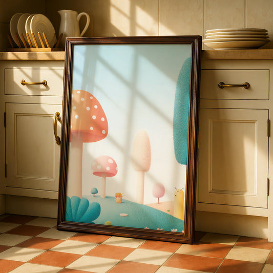 Mushroom Nursery Wall Art, Whimsical Forest Print, Pastel Kids Room Poster, Baby Decor