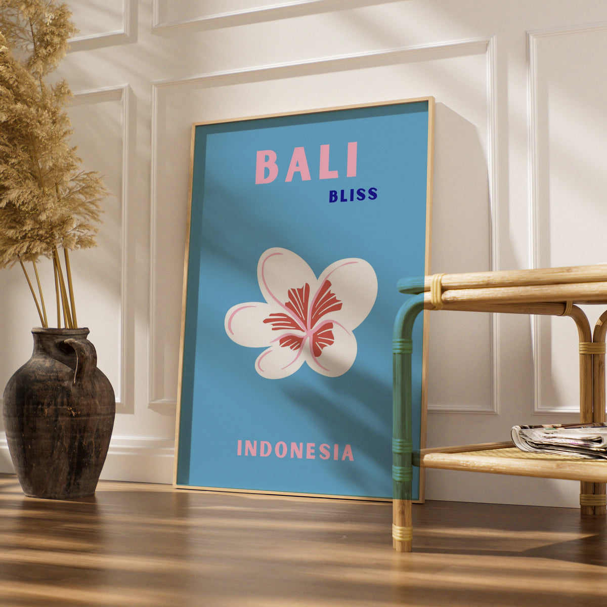Bali Travel Poster Indonesia Wall Art, Retro Frangipani Print, Blue Pink Tropical Decor