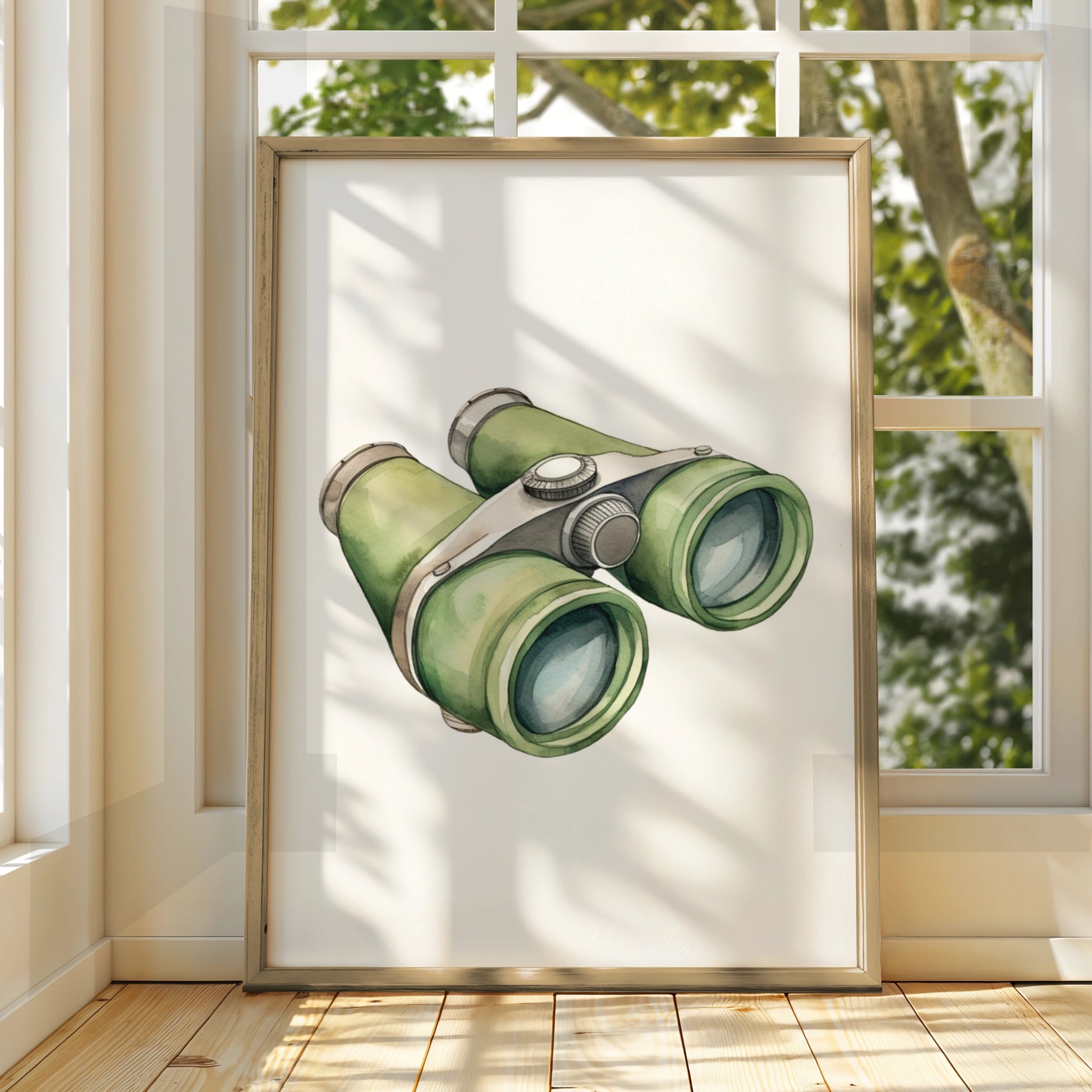 Binoculars Nursery Wall Art, Watercolour Adventure Print, Green Kids Room Poster