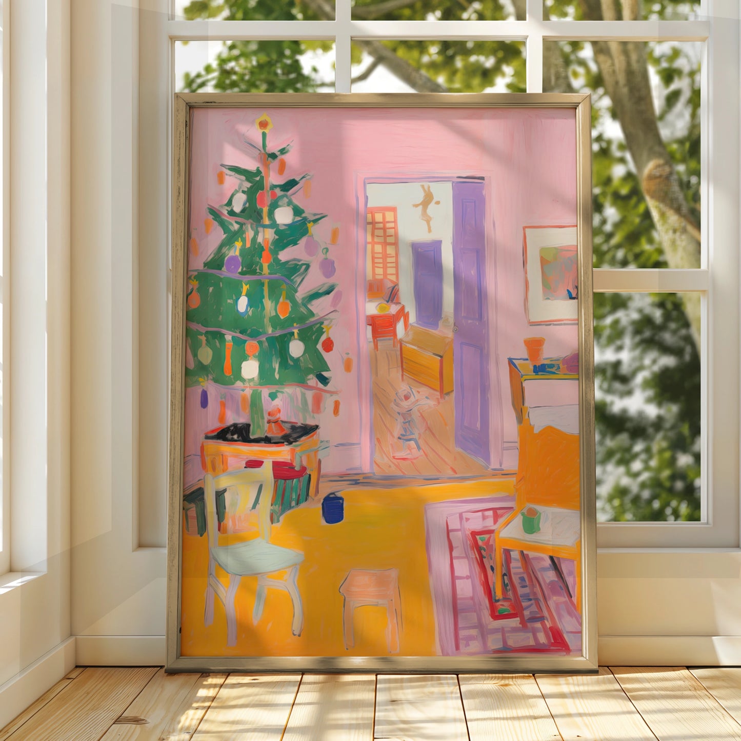 Christmas Room Poster, Colourful Xmas Tree Print, Festive Interior Wall Art, Pink Holiday Decor