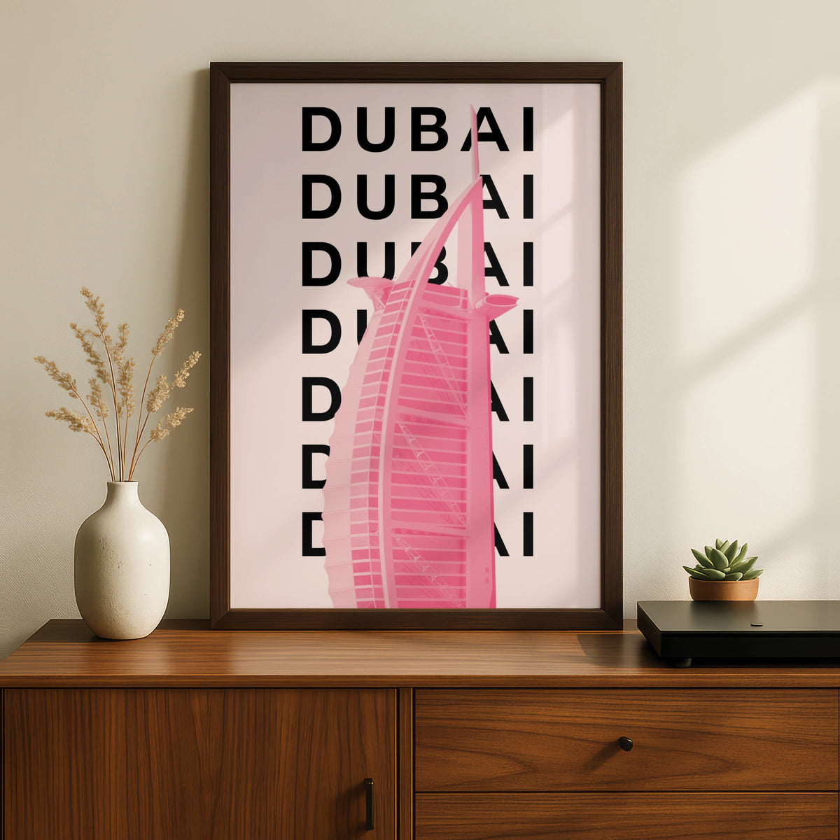 Dubai Travel Poster, UAE City Wall Art, Pink Retro Print, Modern Architecture Decor