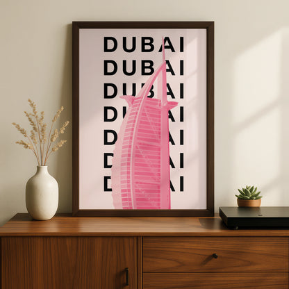 Dubai Travel Poster, UAE City Wall Art, Pink Retro Print, Modern Architecture Decor