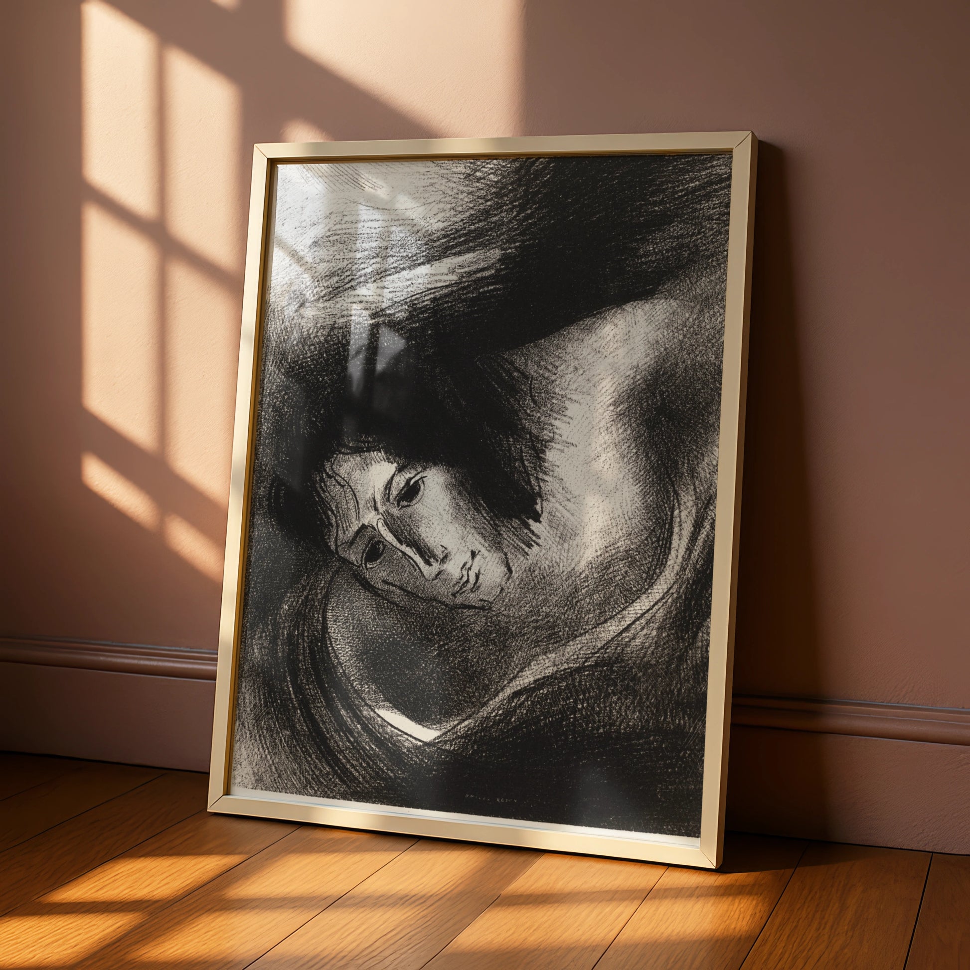 Halloween Gothic Face Art Print, Dark Surreal Poster, Odilon Redon Style, Black White Spooky Wall