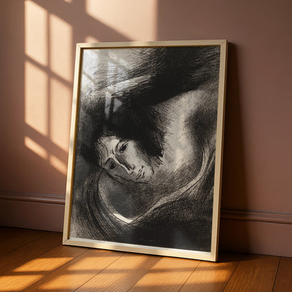 Halloween Gothic Face Art Print, Dark Surreal Poster, Odilon Redon Style, Black White Spooky Wall