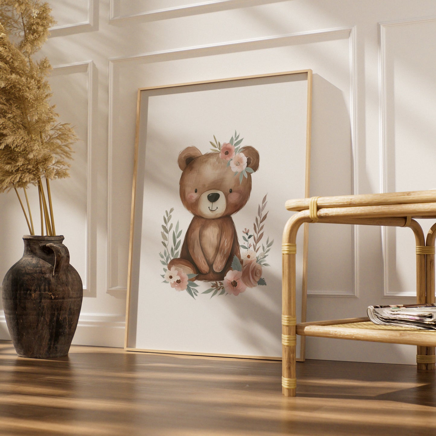 Floral Teddy Bear Nursery Wall Art, Baby Girl Poster, Boho Bear Print, Kids Room Decor