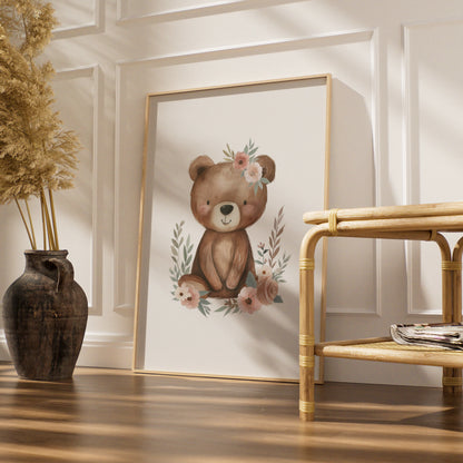 Floral Teddy Bear Nursery Wall Art, Baby Girl Poster, Boho Bear Print, Kids Room Decor