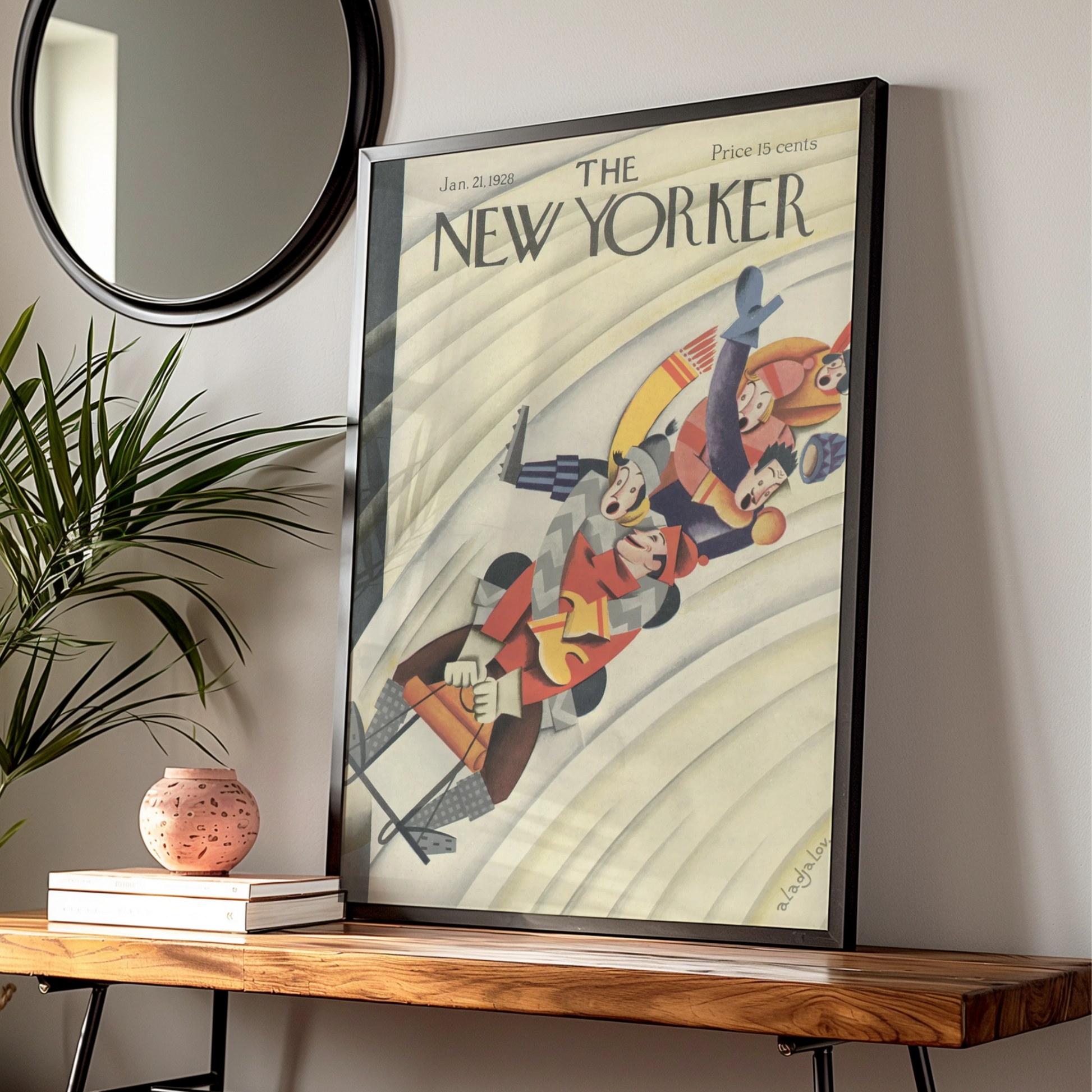 The New Yorker 1928 Winter Sledding Cover Art Poster, Vintage Art Deco Wall Print