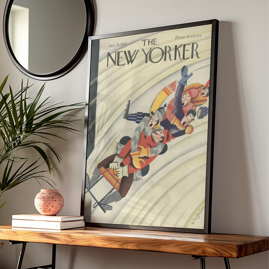 The New Yorker 1928 Winter Sledding Cover Art Poster, Vintage Art Deco Wall Print