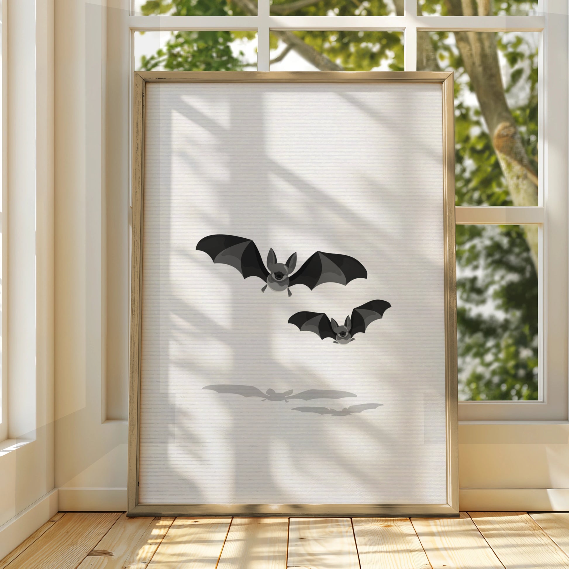 Halloween Bat Wall Art, Spooky Bats Poster, Black Grey Minimalist Halloween Print
