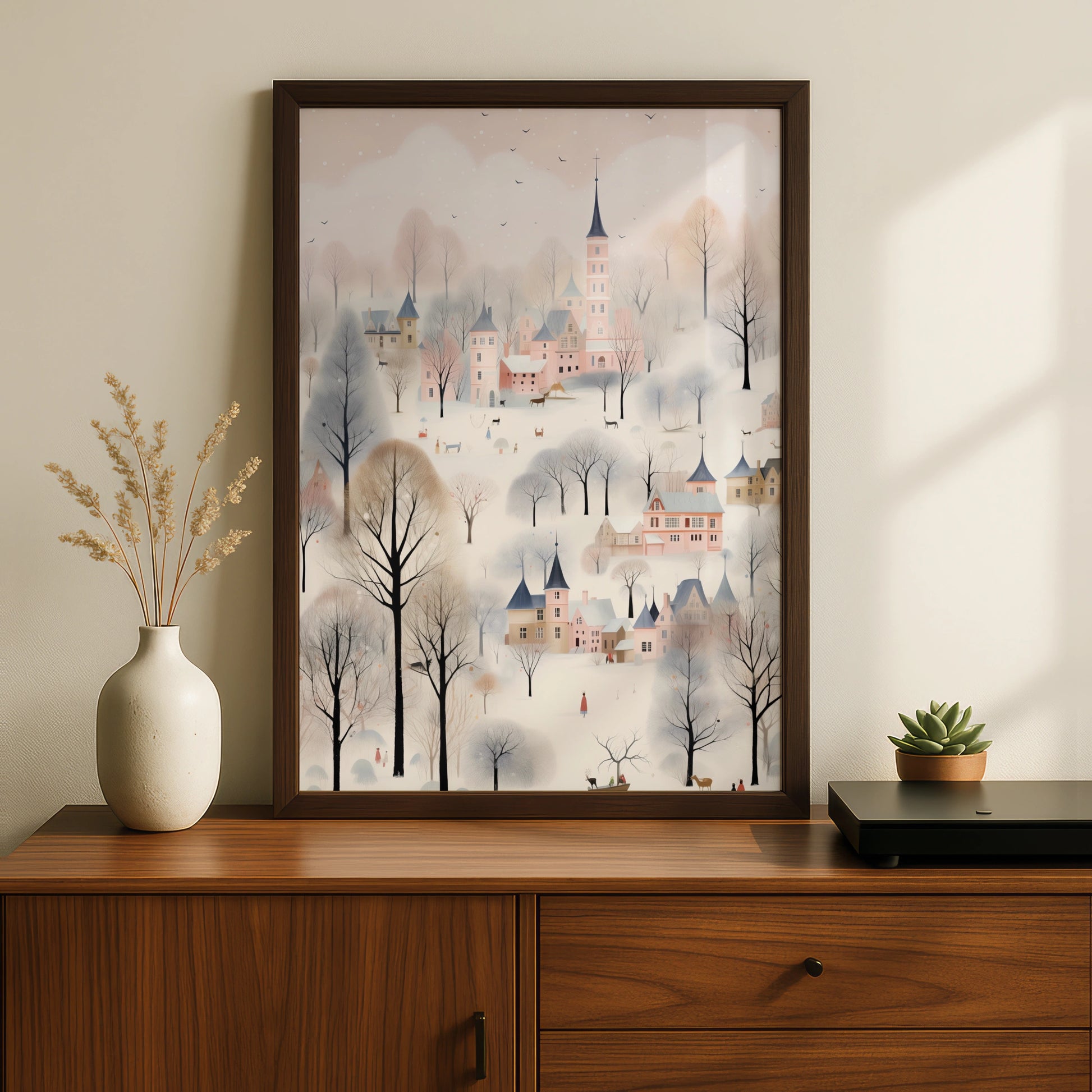 Christmas Village Poster, Snowy Winter Town Wall Art, Pastel Pink Festive Print, Whimsical Holiday