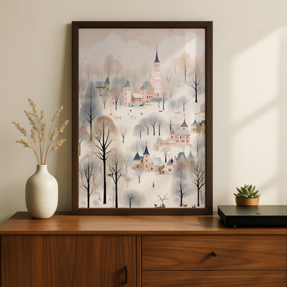 Christmas Village Poster, Snowy Winter Town Wall Art, Pastel Pink Festive Print, Whimsical Holiday