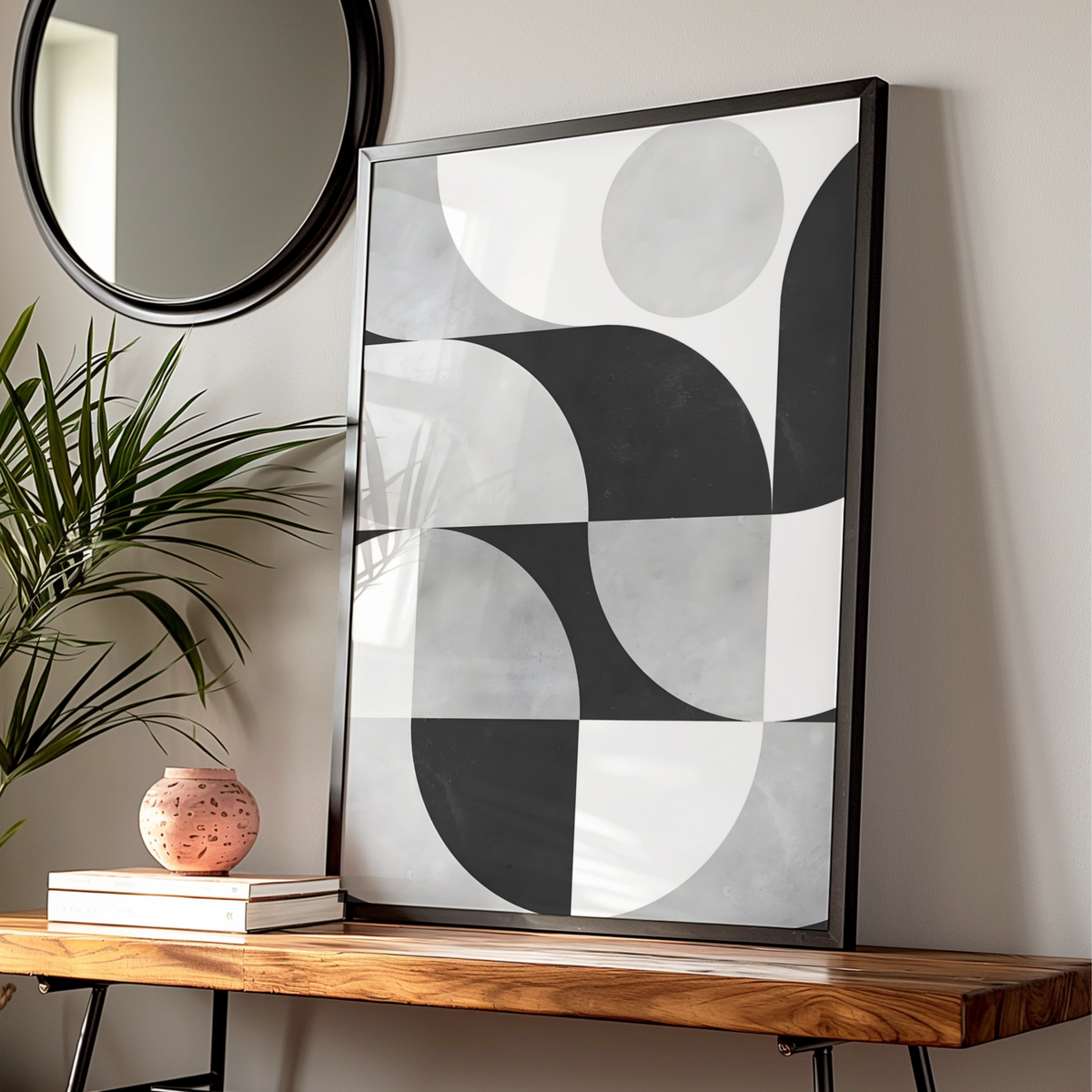 Geometric Monochrome Abstract Poster, Black and White Modern Wall Art Print