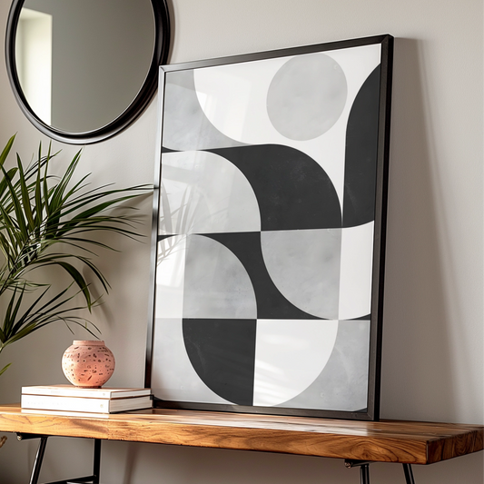 Geometric Monochrome Abstract Poster, Black and White Modern Wall Art Print